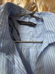 ZARA Oversized Striped Poplin Shirt – Light Blue &amp;
