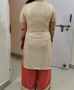 Elegant Golden Sequin Kurti with Peach Palazzo &amp; G