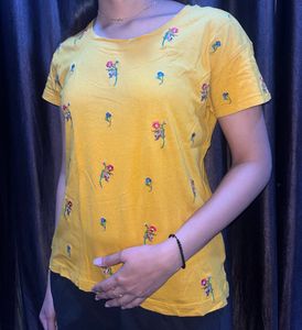 Yellow Mustard Top With Flower Embroidery