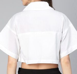 Women’s White Cotton Cropped Blouse Puff Sleeve