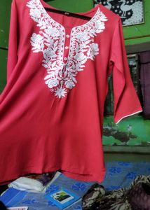 Red Embroidered Short Kurti