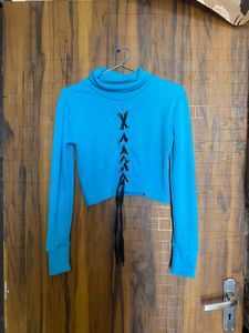 Blue Lace-Up Ribbed Crop Top