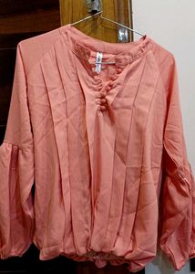 Coral Blouse with Bishop Sleeves