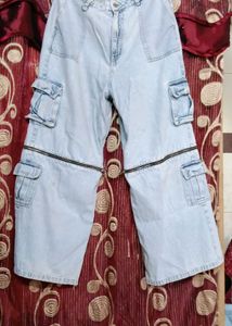 Zip Detail Wide Leg Cargo Jeans