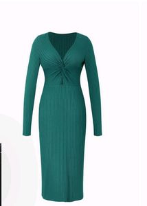 Ribbed Twist Detail Long Sleeve Bodycon Dress