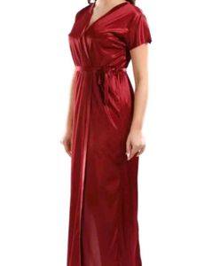 Women Red Satin Lace Nighty With Robe