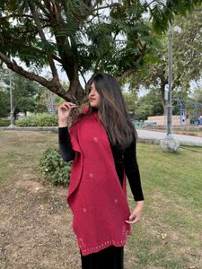 Red Embroidered Knit Shawl