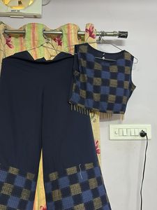 Elegant Navy Blue Pant Suit with Checkered Detail