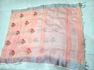Peach Linen Saree with Floral Embroidery