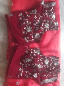 Red Organze Embroidery Saree With Velvet Blowse