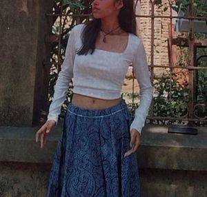 Paisley Print Midi Skirt & White Solid Long Sleeve