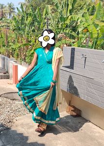 🦚Peacock Blue Wrap Gown With Golden Border