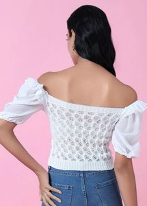 White Knit Top with Sheer Puff Sleeves
