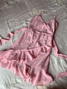 Pink Shoulder Strap Self Design Ruffled Dress