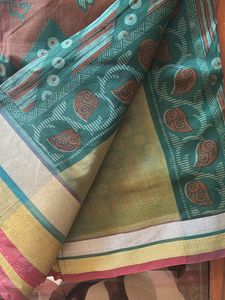 Green Net Saree With Silver And Red Border