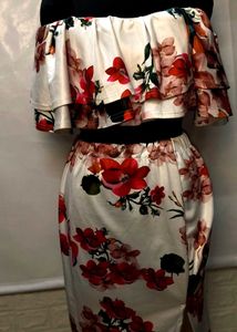 Floral Off Shoulder Cord Set With Pencil Skirt