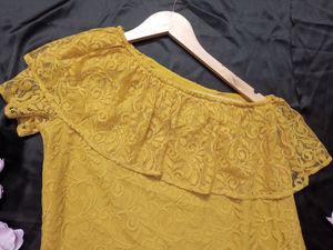 One Shoulder Lace work Mustard Top