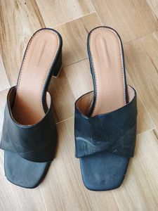 Black Block Heel Slides