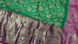 Green &amp; Pink Kanjivaram Broked Silk Saree