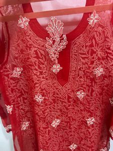 Red Chikankari Embroidered Kurta