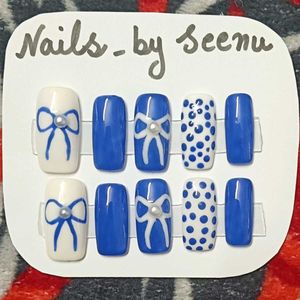 Blue &amp; White Bow Press-On Nails