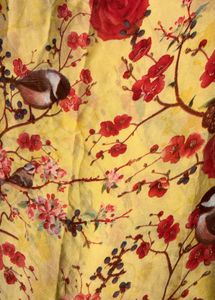 Yellow Floral Bird Print Satin Saree