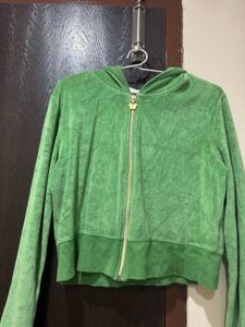 Green Velour Cropped Hoodie