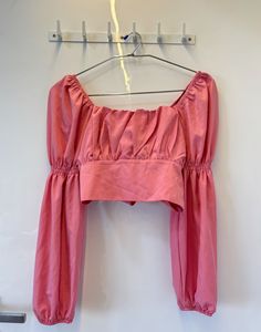 Pink Puff Sleeve Crop Top with Tie-Back Bow