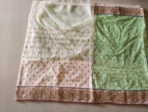 Parrot Green And Off White Sari With Stitch Blouse