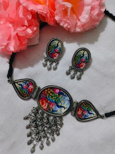 Black Polish Rajasthani Printed Necklace Set🌹