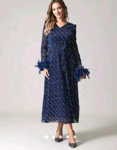 SAVANA Blue Feather Cuff Dress
