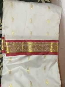 White Saree & Red Border With Stitched Blouse