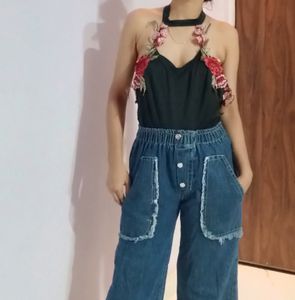 Floral Embroidered Top &amp; Denim Skirt Set