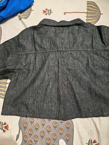 Gray Denim Crop Top - Short Sleeve Button-Down