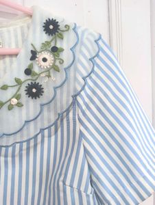 Striped Top w/ Embroidered Collar