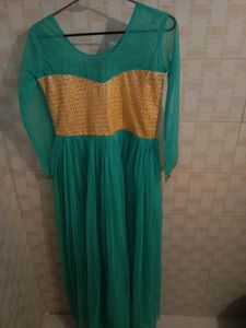 Elegant Teal &amp; Gold Anarkali Dress