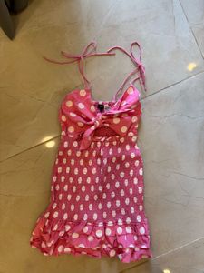 Pink Dotted Print Tie Midi Dress New