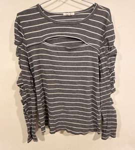 Striped Cutout Rouched Sleeve Top