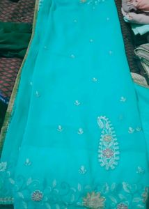 Teal Embellished Saree with Blouse
