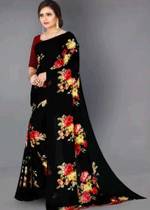 Beautiful Floral Chiffon Saree Black