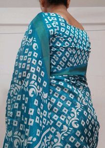 Teal & White Print Saree