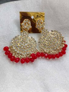 Red Beaded Chandbali Earrings