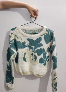 Off White Sweater With Green Leafy Prints