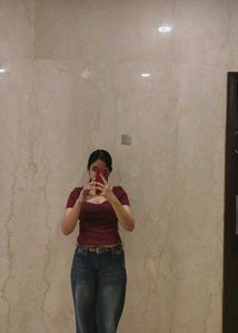 Y2K Burgundy Ribbed Lace Trim Slim Top