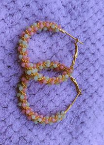 Pink &amp; Green Beaded Hoop Earrings
