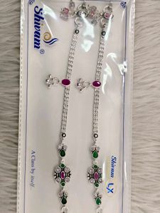 Elegant Silver Anklets with Ruby &amp; Emerald Stones