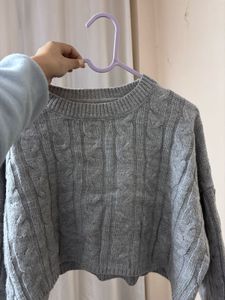 Gray Cable Knit Cropped Sweater