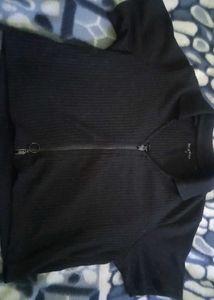 Black Zip-Up Ribbed Polo Top