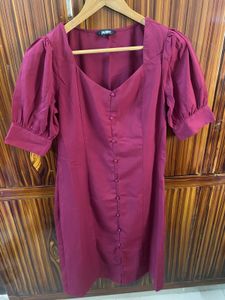 Burgundy Puff Sleeve Mini Dress
