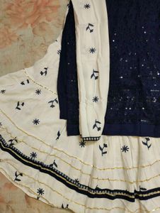 Navy &amp; White Embroidered Kurta with Skirt &amp; Dupatt